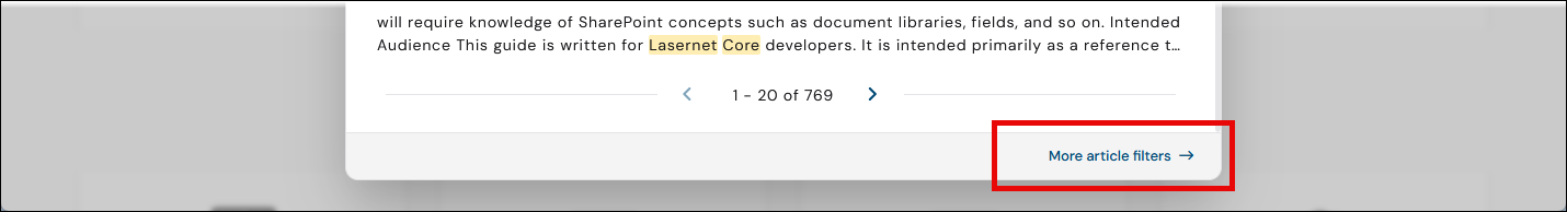 A red rectangle around the More article filters link at the bottom of the search pop-up window.